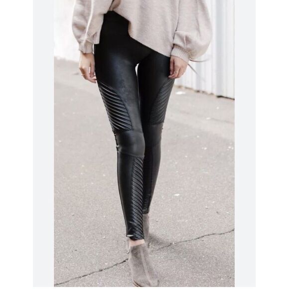 SPANX Black Faux Leather Moto Leggings Tights Size Small - Picture 1 of 10